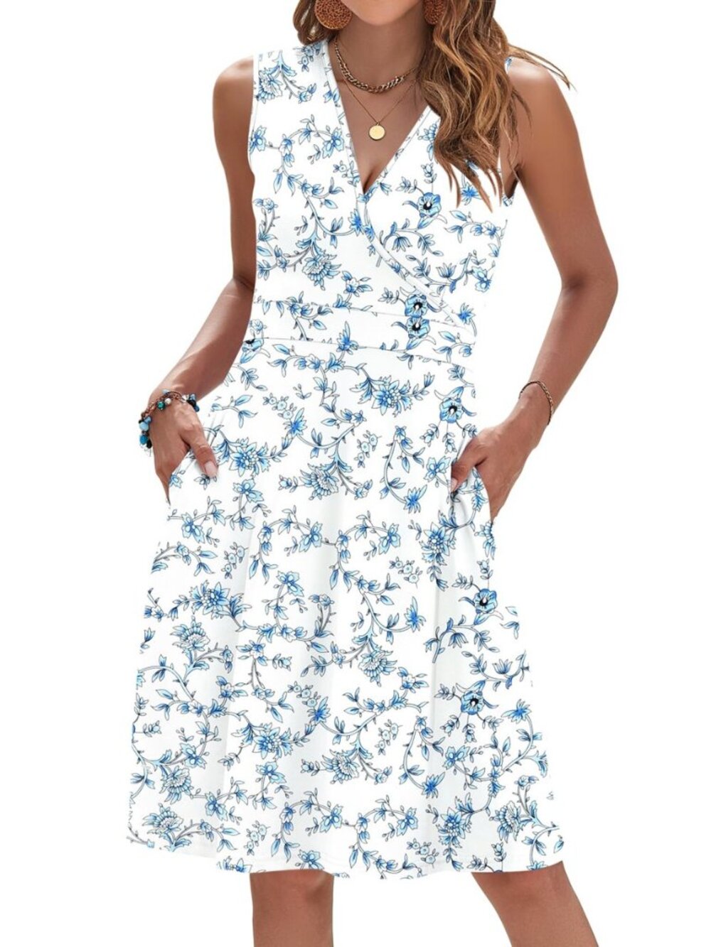 Womens Floral Summer Dress Sleeveless V Neck Faux Wrap Pockets